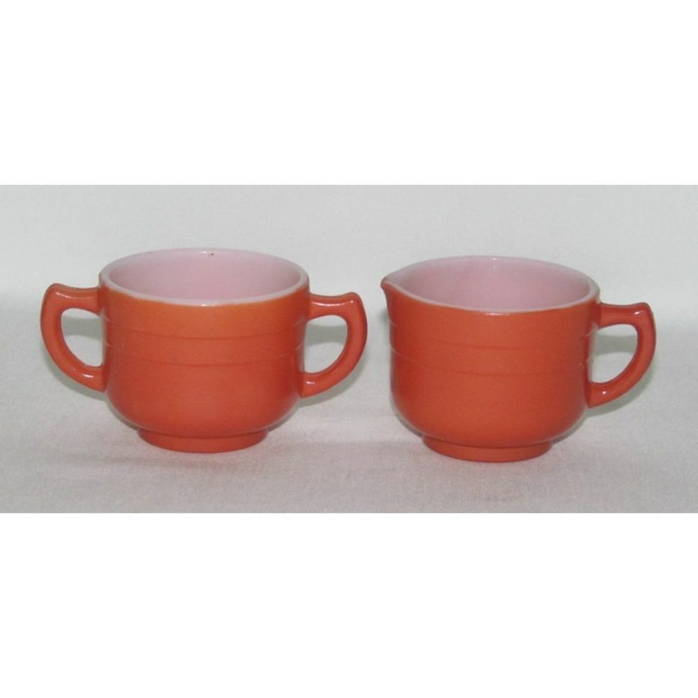 Hazel Atlas Glass MODERNTONE Little Hostess Child's Rust Creamer and Sugar